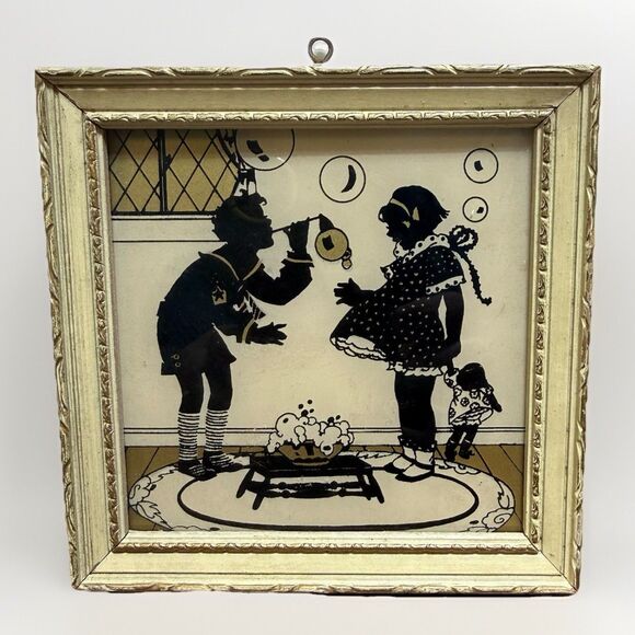 Other - Vintage Reliance Framed Silhouette Picture Boy Girl Playing USA 4.5" Square Rare
